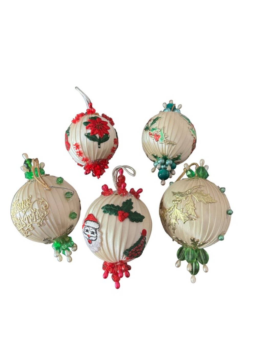 Vintage Satin Christmas Ornaments Set Of 5 Beaded Retro Holiday Decor Cream